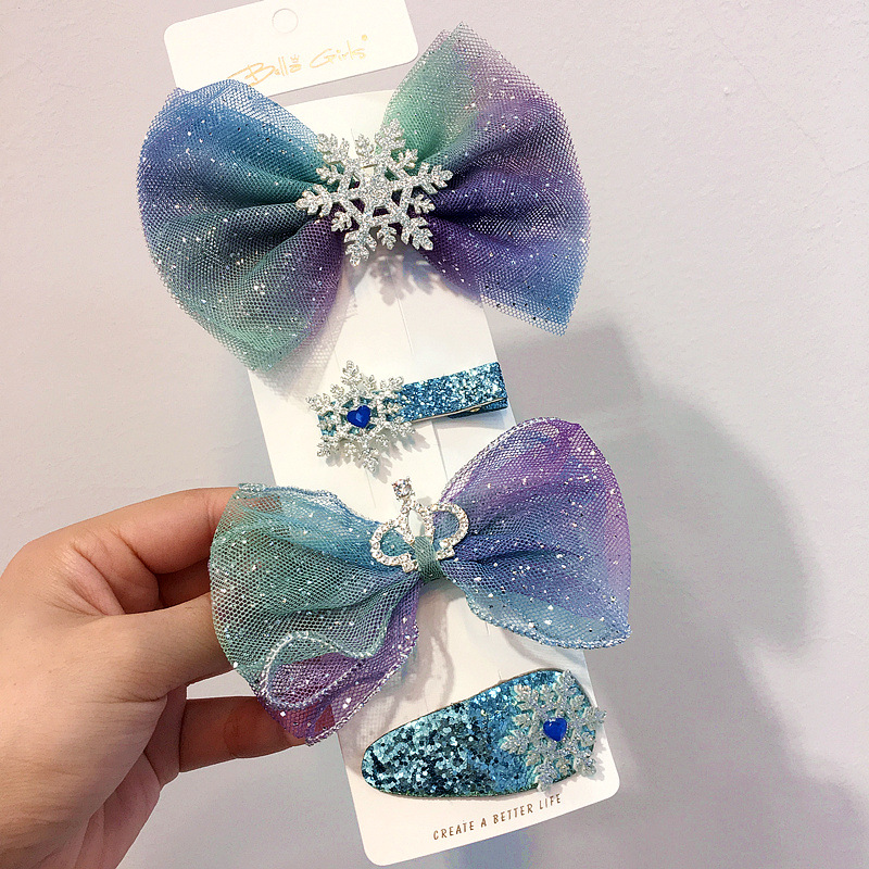 

4 Pcs Blue Purple Princess Children's Hair Accessories Cute Mesh Yarn Bow Crown Duckbill Hair Clips for Girl Fashion Pins