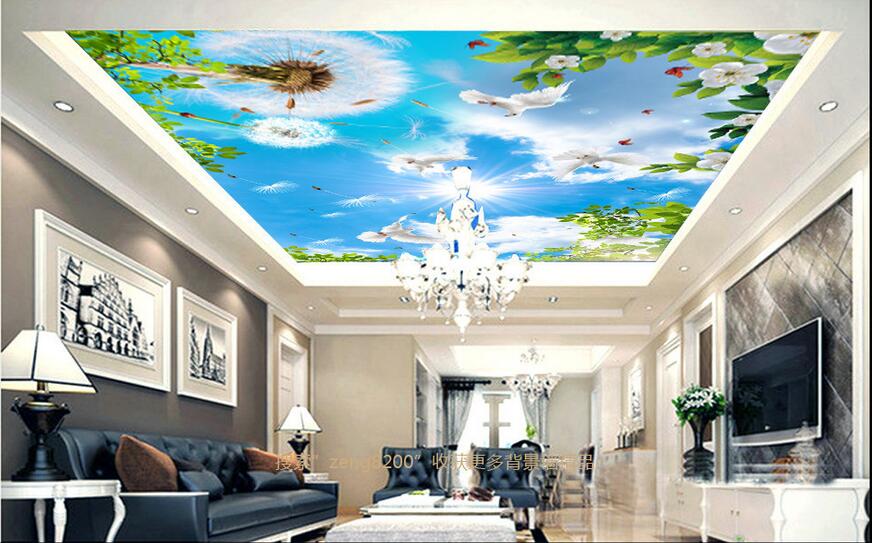 

WDBH 3d ceiling murals wallpaper custom photo Blue sky dandelion white dove green living room home decor 3d wall murals for walls 3 d, Non-woven