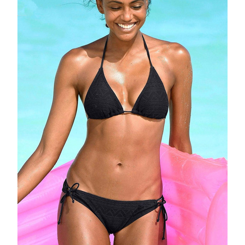 

2020 Sexy Women Bikini Set Solid Black White Female Swimsuits Push up Halter Swimwear Mesh Brazilian Beachwear Bathing Suit