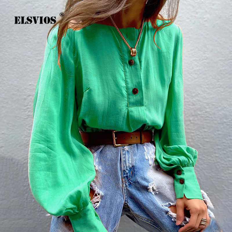 

2XL Women O-neck Buttons Casual Shirts Spring Sexy Puff Long Sleeve Blouse 2020 Summer Solid Color Ladies Tops Blouses Feminina, Yellow