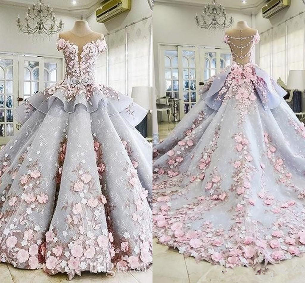 

2020 Luxury Quinceanera Ball Gown Dresses 3D Floral Lace Applique Cap Sleeves Sweet 16 Floor Length Sheer Back Puffy Party Prom Evening Gown, Lavender \lilac