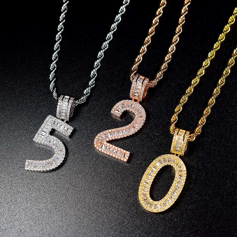 

0-9 Baguette Initials Number Pendant Necklace with Rope Chain Gold Silver Rosegold Bling Zirconia MenJewelry