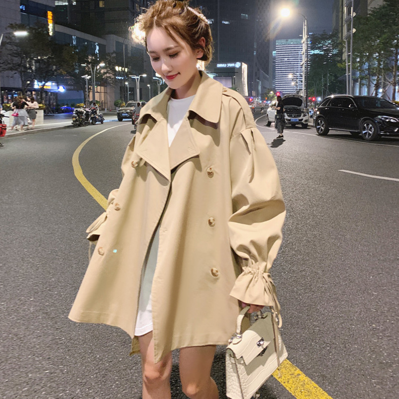 

Khaki Short Windbreaker Women Overcoat Loose Coat Double breasted Thin Trench Coat Vintage A Line Female Cloak Sashes Outerwear, Black