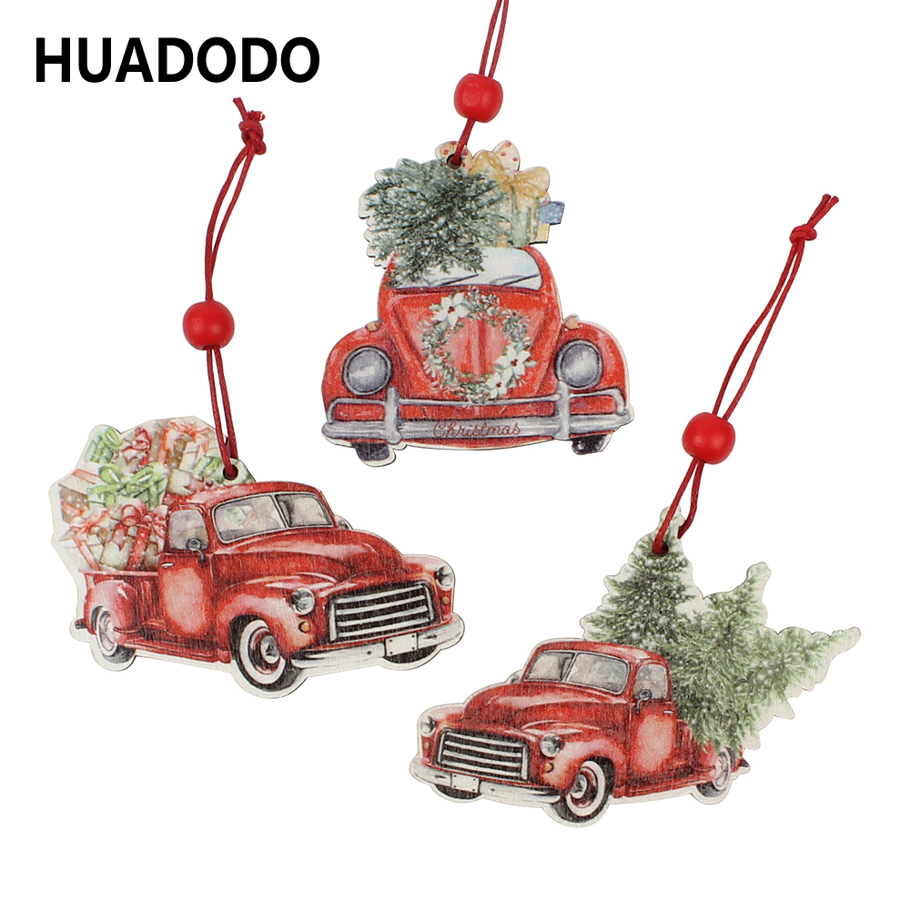 

HUADODO 3Pcs Christmas Truck wooden Pendants Ornaments for Christmas tree Ornament New Year decoration Party Kid toys