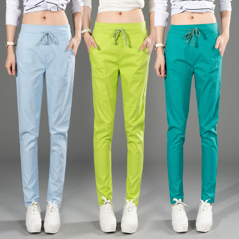 

Harem Pants for Women 2020 Summer Cotton Linen Candy Color Woman Pencil Trousers High Waist Casual Female Capris Pantalon Mujer, Dark green