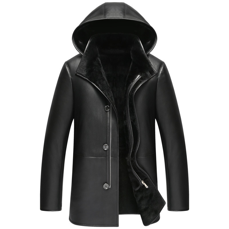 

Genuine Leather Jacket Men's Winter Jacket Real Sheepskin Coat for Men Real Lamb Fur Warm Jackets Plus Size 6090-2 MY1923, Black detachable hat