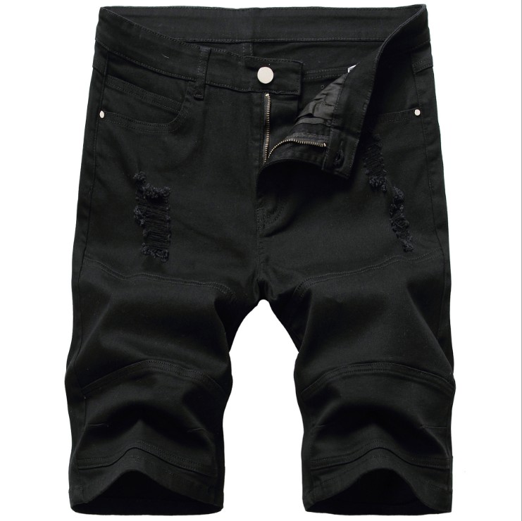 

Men's Jeans Black Ripped Male Designer Denim Shorts Knee Length Slim Fit Large Size And White Hole Worn Out Biker Short