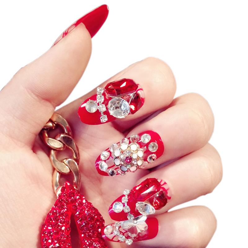 

24Pcs/Set Adhesive False Nail Tips Red Shining Diamond Finished Round Fake Nails Full Cover for Wedding Bride Decoration MH88