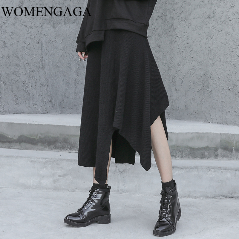 

Korea 2020 New Spring Elastic Waist Solid Color Irregular A-line Skirt Women Streetwear Loose Wild Knit Skirt Tide Y145, Black