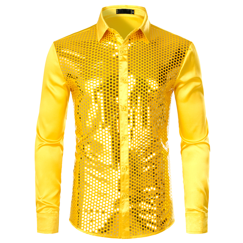 Best Quality Shiny Gold Sequin Black Silk Dress Shirts Men Long Sleeve ...