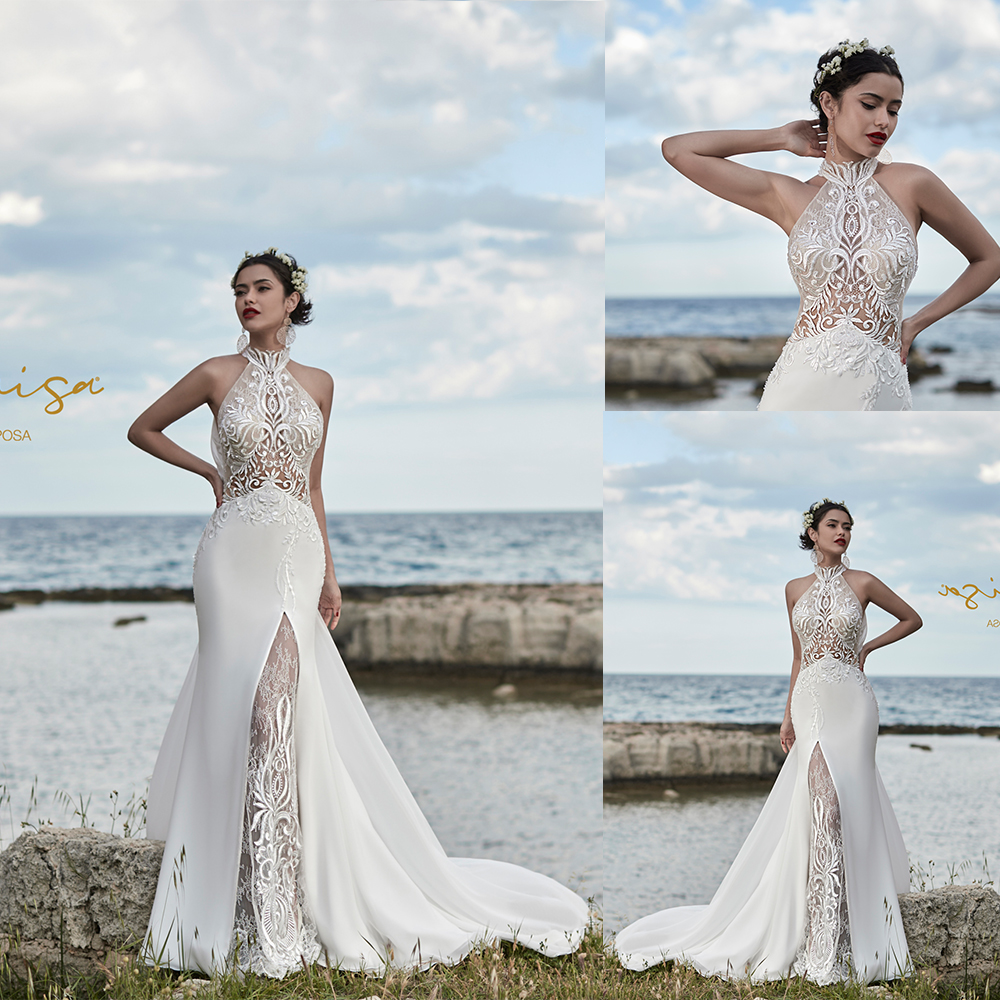

2020 Mermaid Wedding Dresses Halter Neck Appliqued Beaded Sleeveless Bridal Dress High Split Ruffle Sweep Train Vestidos De Novia, Blue