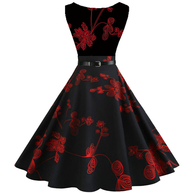 

Floral Print Women Summer Dress Hepburn 50s 60s Retro Swing Vintage Dress A-Line Party Dresses With Belt jurken Plus Size, 1057 004