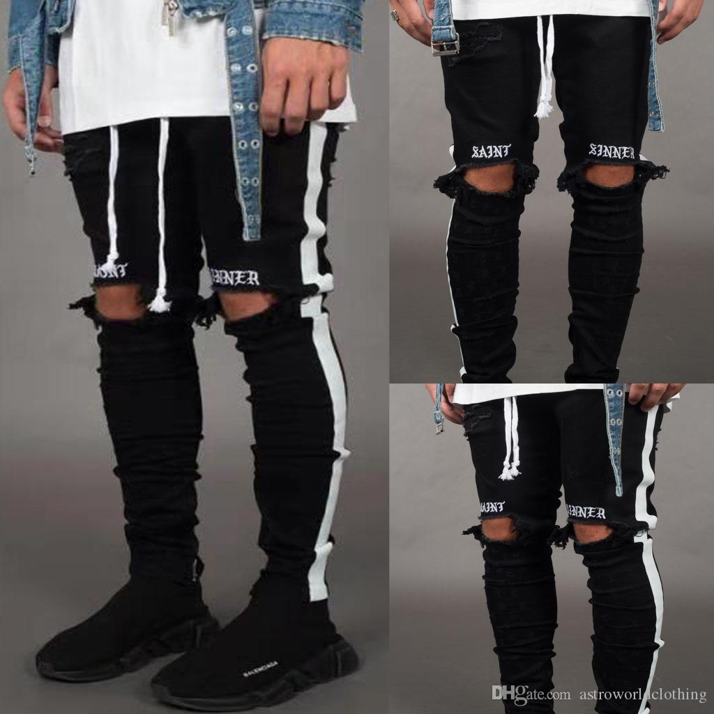 

Mens New Jeans White Black Holes Ripped Striped Skinny Pencil Pants Slim Fit Represent Jeans