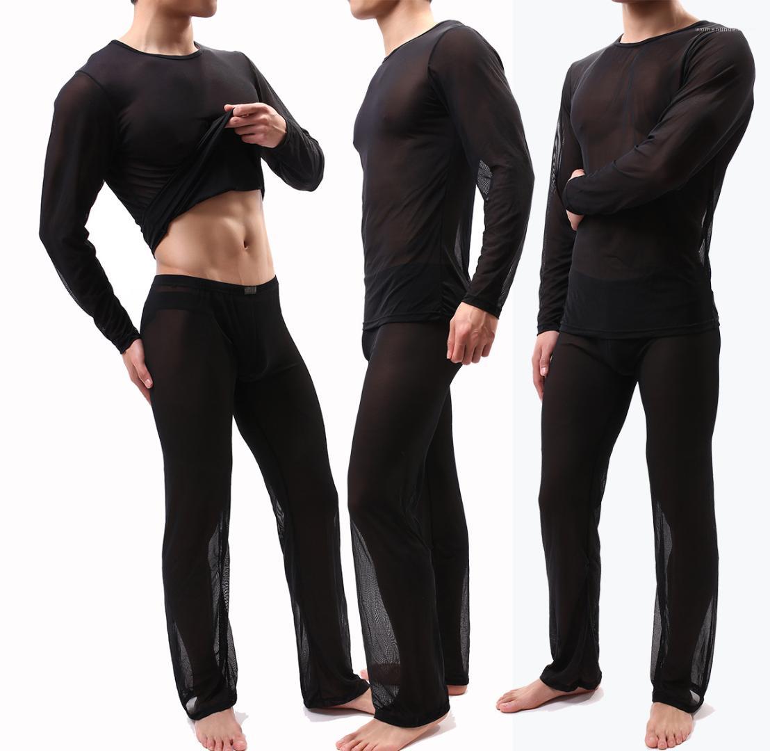 Confortable solide ronde Neck Voir Bien que des hommes de nuit Accueil Deux Pantalons Piece Sexy perspective hommes Pyjama Pyjama