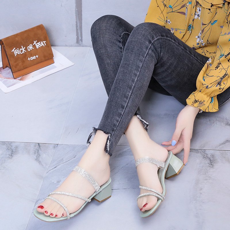 

Crystal Pvc Square Heel Slippers Women Sandals Narrow Band Thick Heel Sandals Summer Shiny Open Toe Slippers Women Green White