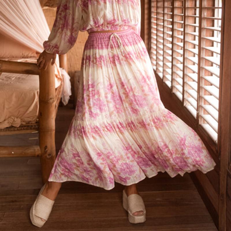 

AYUALIN cotton rayon pink Floral Print Summer Skirts Women 2020 Elastic Waist Long Skirt Beach Tassel Hippie Boho Faldas Saia, Yellow skirt