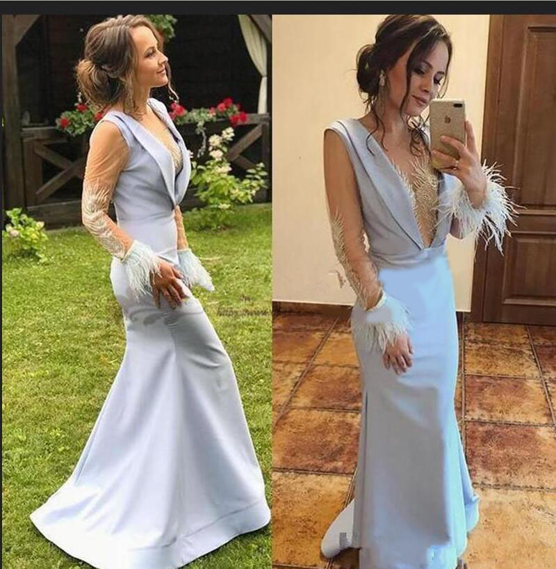 

2020 Generous Mermaid Prom Dresses Sexy V Neck Sheer Long Sleeves Evening Dresses with Feather Sequined Beaded Party Dresses, Dark red