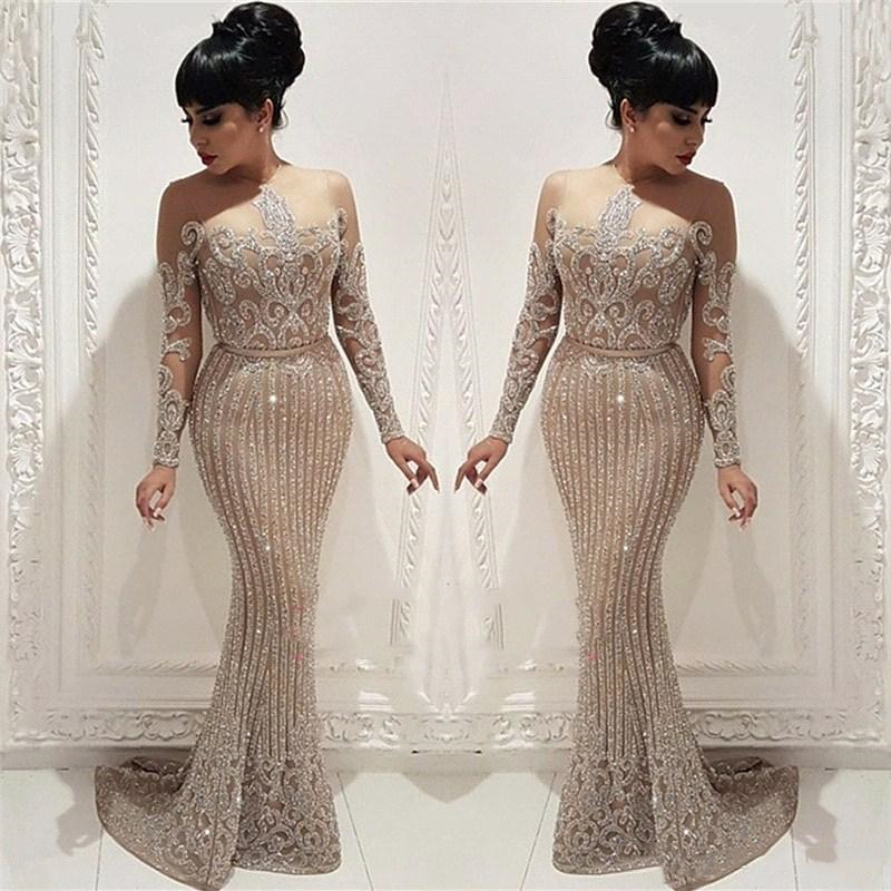 

Sparkling Arabic Sequins Lace Mermaid Prom Dresses Elegant Long Sleeves Sheer Crew Neck Evening Gowns Plus Size Vestidos De Festa 2020, Dark green