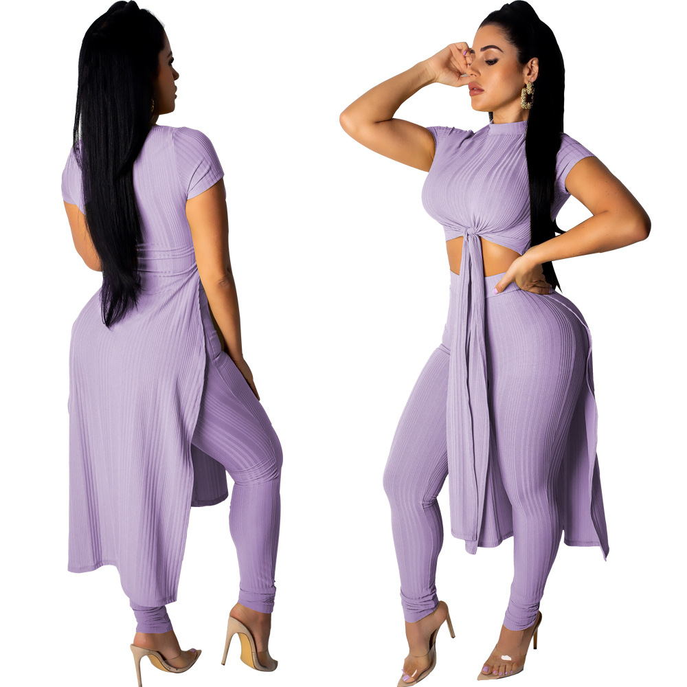 

Women Casual Two Piece Set Outfits Purple Knit Short Sleeve Bandage Hi Lo Crop Top Long Pant Suits Woman Fashion Slim Pantsuit
