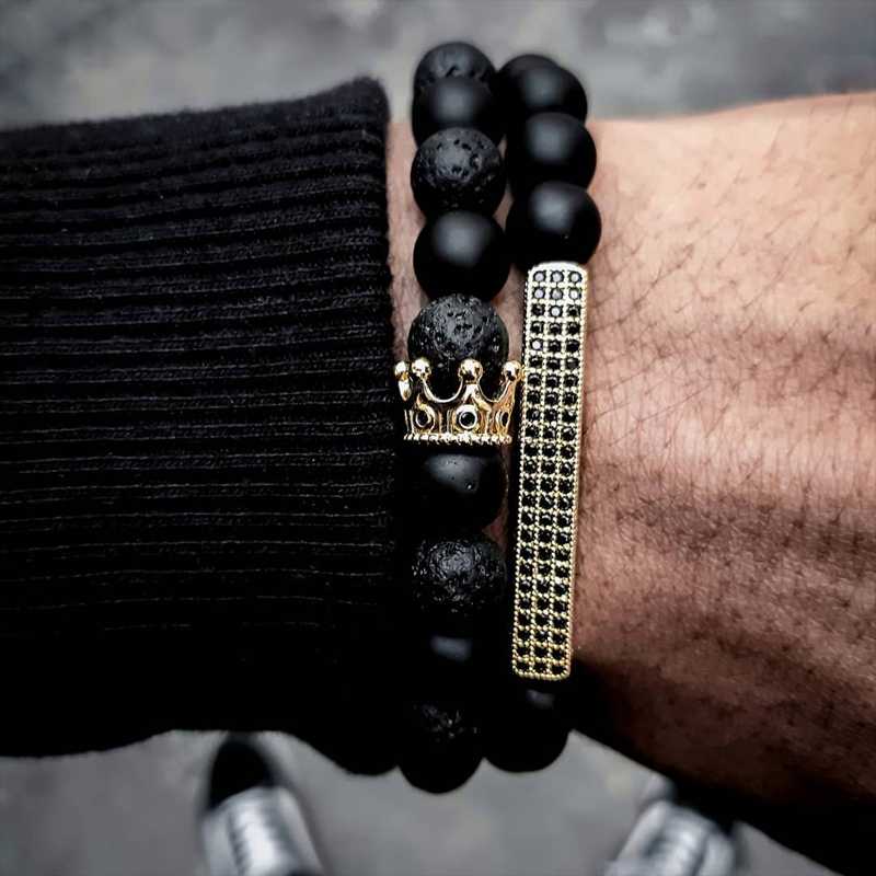 

Trendy Natural Matte Lava Beads Men Bracelet Sets Jewelry Charm Golden CZ Crown Bracelet For Women Bangles Pulseira Masculina