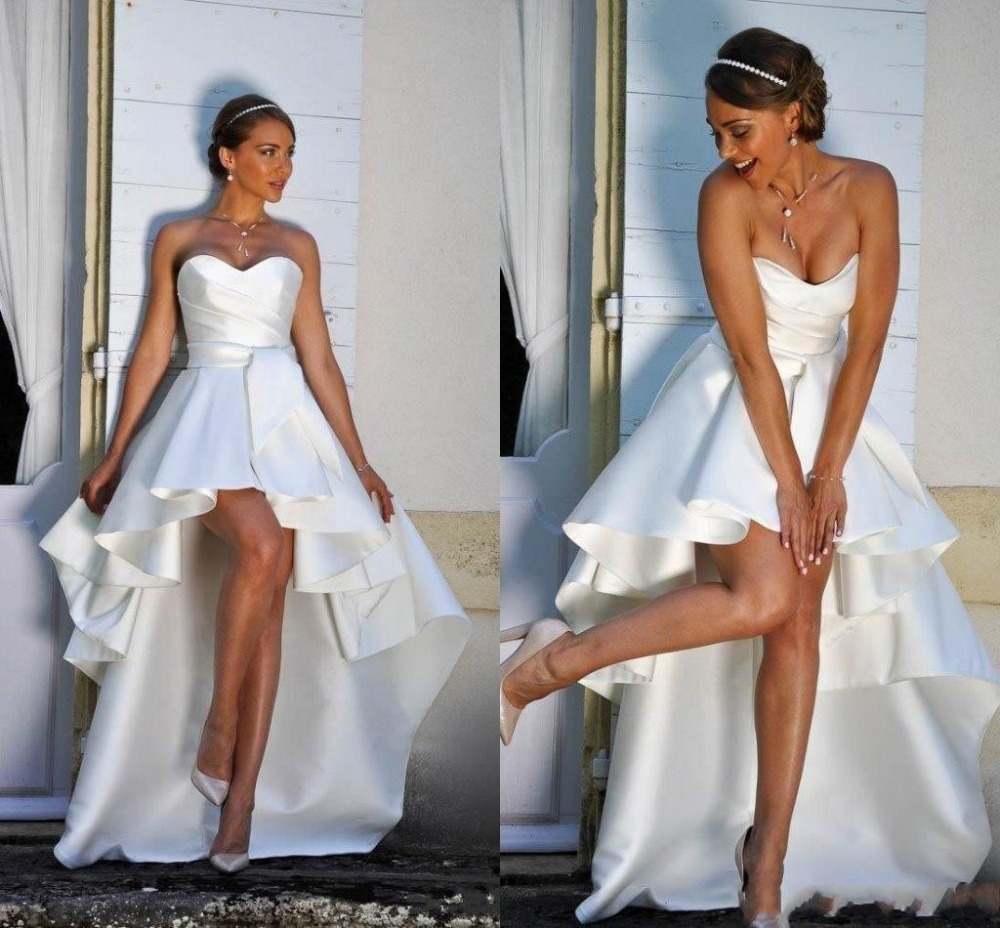 

Fashion Hi Low Satin Wedding Dresses Sweetheart Pleated Short Front Long Back Ruched Designer Wedding Reception Dress Bridal Gowns New, Hunter