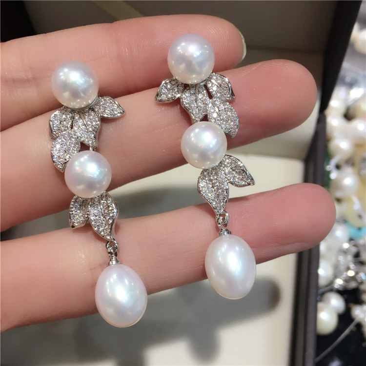 

High-end atmosphere natural white freshwater pearl micro inlay zircon accessoriese leaf drop earrings