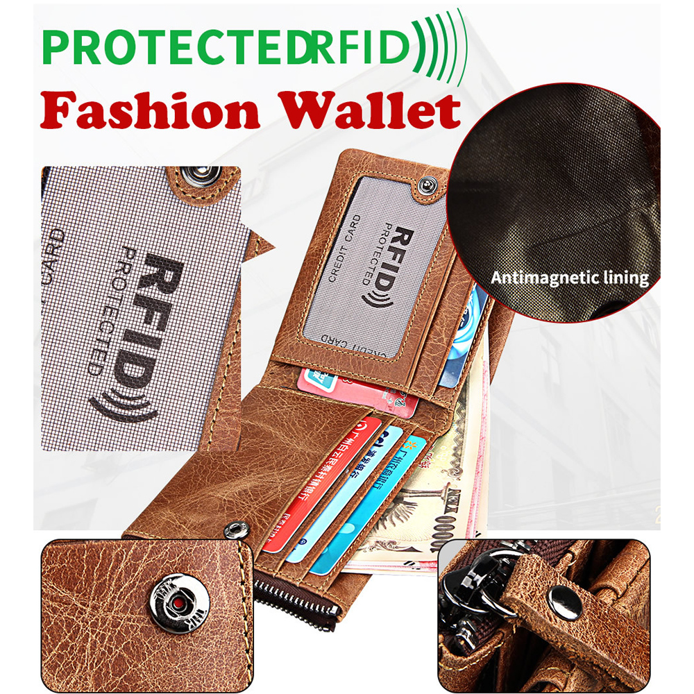 

Men Genuine Leather Fold Over Business Wallet RFID Blocking Zipper Purses Multi-Card Holder Banknote Pockets Short Cowhide Pouches Gift, Brown