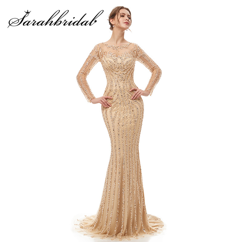 

Real Image Long Sleeves Evening Dress 2019 O-neck Illusion Zipper Elegant Mermaid Beading Sequined With Train Prom Gown, Gray