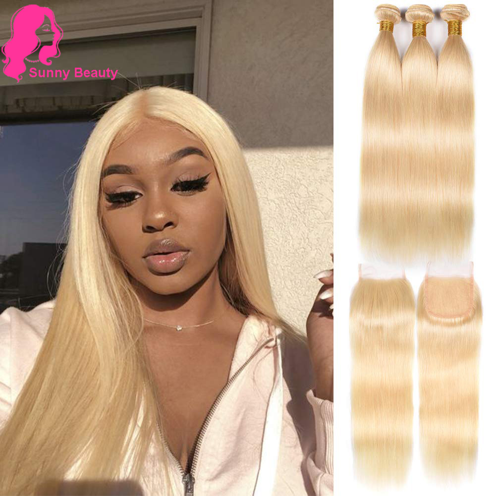 Sexig Hot 613 Platinum Blonda buntar 44 Lace Closure med 3 st Huma Hairs Blont Peruvian Rakt hår 3 Bundlar med stängningar i lager