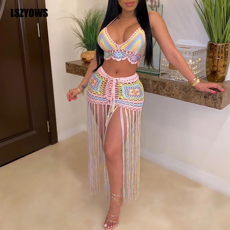 

Sexy Knitted Crochet Two Piece Set Women Halter Backless Crop Tops + Tassels Long Skirt Set Female Summer Beach 2 Piece Outfits, As picture