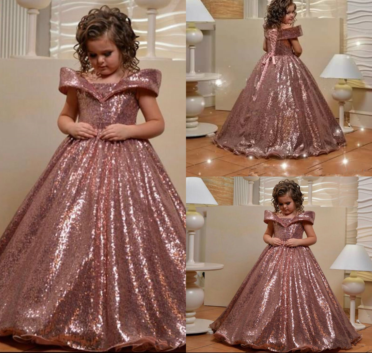 

2020 Rose Gold Flower Girls Dresses For Wedding Off The Shoulder Blingbling Sequins Puffy First Communion Dress Girls Pageant Gown, Brown