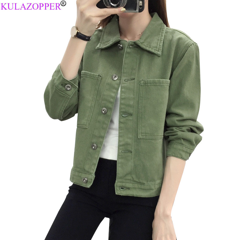 

KULAZOPPER Denim Jacket Female Spring Autumn Students Korean BF Wind Short paragraph Loose Thin Coats Casual outwear Women ZS725, Green
