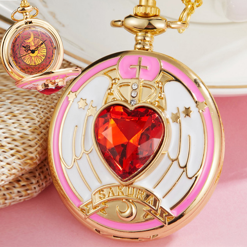 

Fashion Golden Magic SAKURA Pendant Pocket Watch Classic Janpan Anime Cosplay Women Girls Quartz Analog Clock Sweater Necklace Chain Gifts, Multi-color