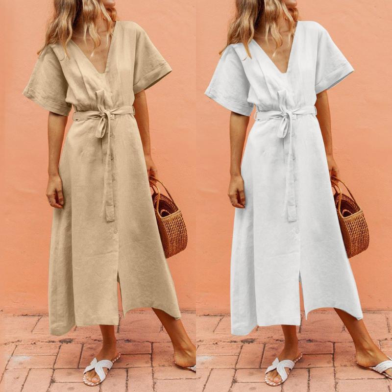 

Fashion Women V Neck Button Slim Summer Cotton Temperament Lazy Beach Dress Tropical Beach Vintage Maxi Dresses, Khaki