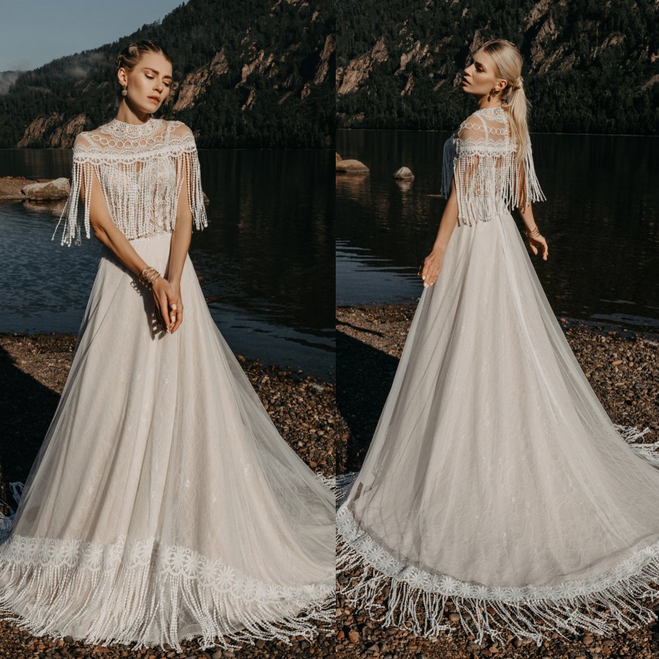 

Bohemian Beach Wedding Dresses Jewel Neck Full Tassel Appliqued Bridal Gowns Lace Illusion Boho Sweep Train Wedding Dress, Multicolor