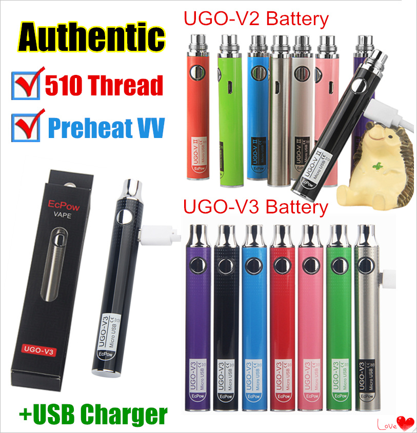 

Authentic UGO-V II 2 510 Thread Vape Pen Batteries UGO V3 Variable Voltage Preheat Battery Kits EVOD VV eGo T Micro USB Passthrough Cartridg
