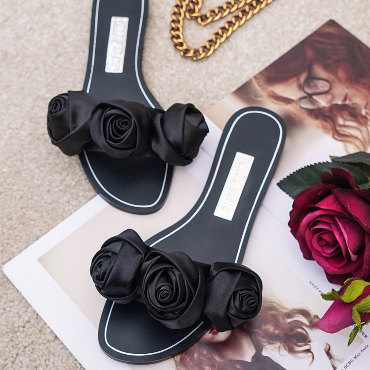 

2020 Summer New Rose Flower Silk Flat Shoes Wild Outer Wear Slippers L, Black