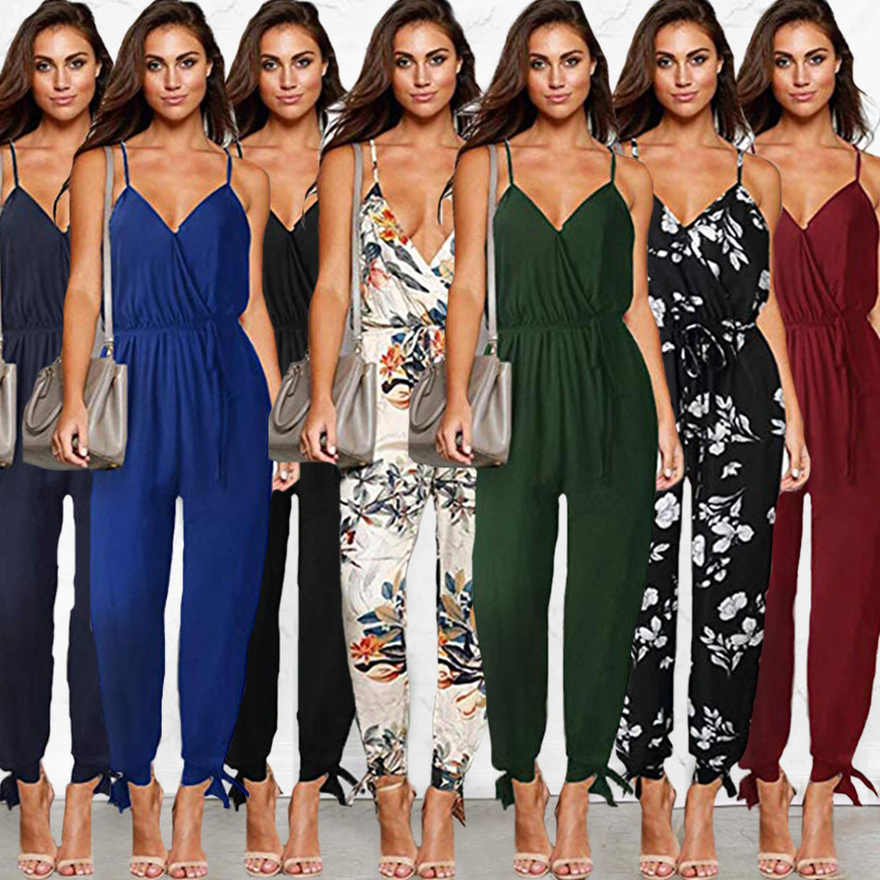 

2020 Summer Sexy Backless Lace Up V-neck Spaghetti Strap Jumpsuits Ladies Casual Cotton Ankle Length Pants Female Solid Romper, 101047blue