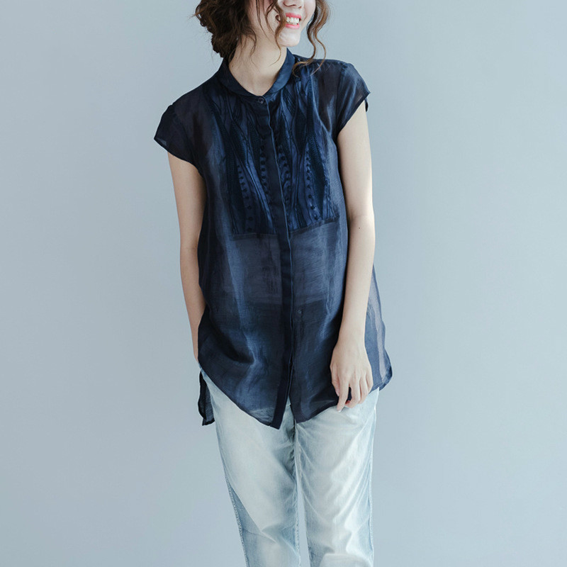 

women's silk real blouse Summer fashion woman blouses 2020 korean loose chiffon embroidery shirt ladies tops blusas C106 s, Dark blue