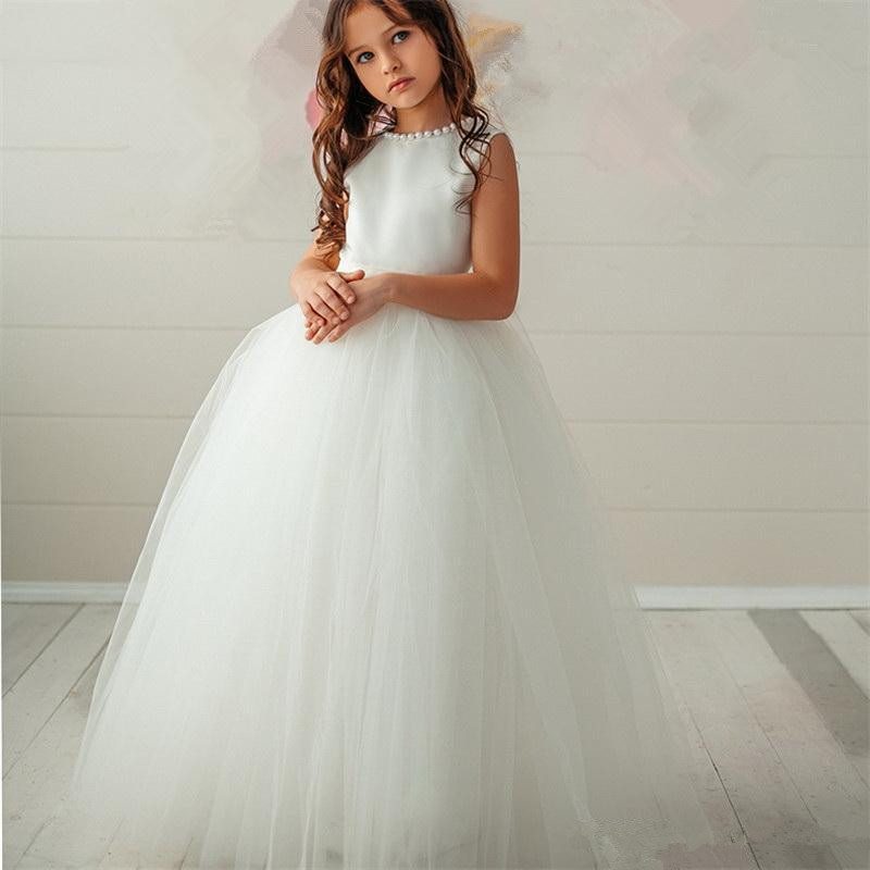 

3-10 Years Flower Girl Dress Trailer Puffy Wedding Party Gowns for Girl First Communion Dresses Eucharist Attended Princess Skirts, All ivory as image