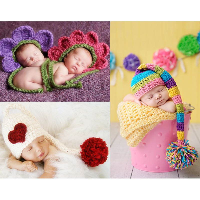 

Infant Toddler Winter Hat Handmade Knitted Crochet Baby Flower Hat with Pigtail Ball Bonnet Photography Props Heart Caps