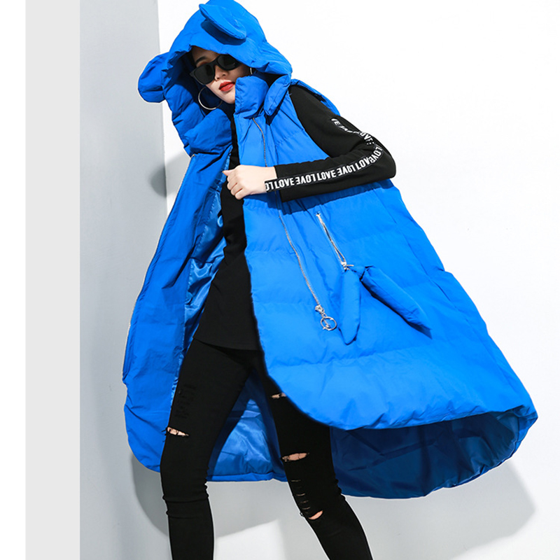 

2019 Winter Women's Plus Cotton Vest Cardigan Hooded Cotton Clothing Personality Fashion Sleeveless Large Size Long Coat Warm, Blue