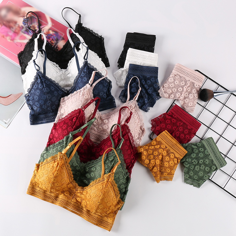 

French Style Lingerie Sets Sweet Lace Hollow Out Floral Underwear Set Comfy Skin-friendly Bra Panties Set Women's Intimates, Blue