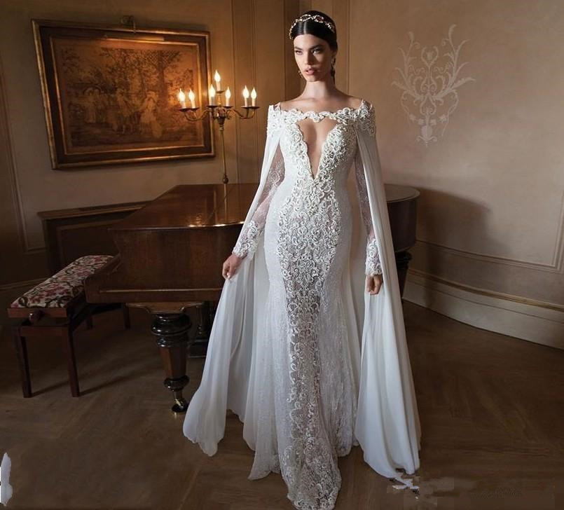 

Berta 2019 Sexy Mermaid Wedding Dresses with Capes Sleeve Detachable Chiffon Cape V-neck Long Sleeve Sheer Back Lace Embellished, Gold