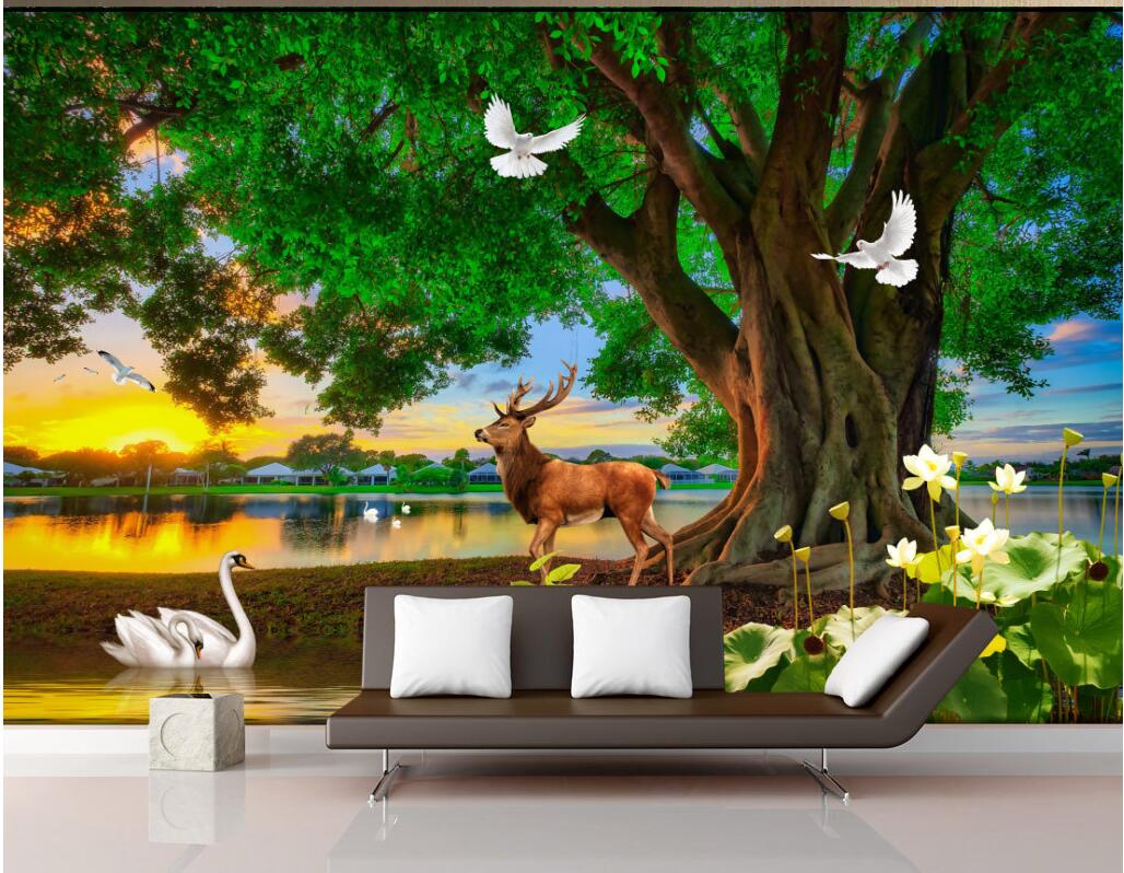 

WDBH custom photo 3d wallpaper Green tree elk swan lake scenery tv background living room Home decor 3d wall murals wallpaper for walls 3 d, Non-woven