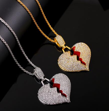 

Fashion Broken Heart Pendant Necklaces Women Men Hip Hop Jewelry Gold Silver Iced Out Chain Rhinestone Statement Necklace Gifts