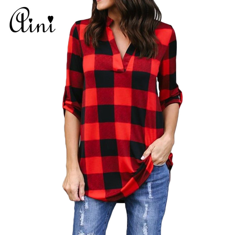 

Plus Size 5XL Women Tops and Blouse Casual Loose Long Sleeve V-neck Plaid Summer Top Korean Clothes Befree Boho Women Blouses, Black