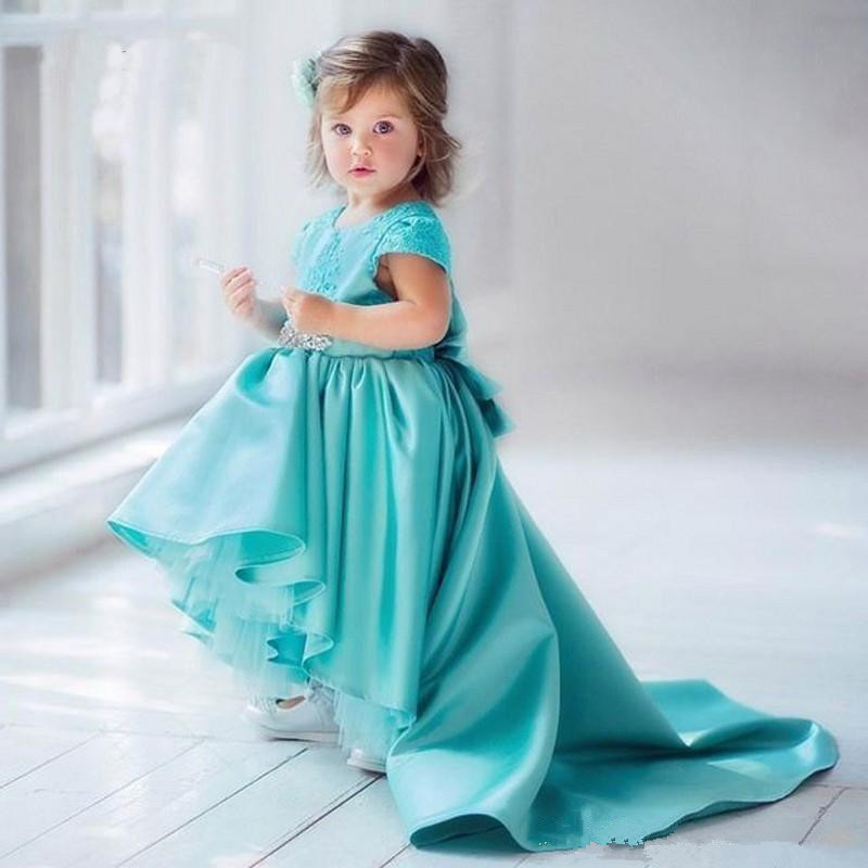 

Cute Girls Birthday Party Gowns High Low Satin Flower Girl Dress with Lace Appliques Bow Back High Quality Girls Pageant Gowns, As image
