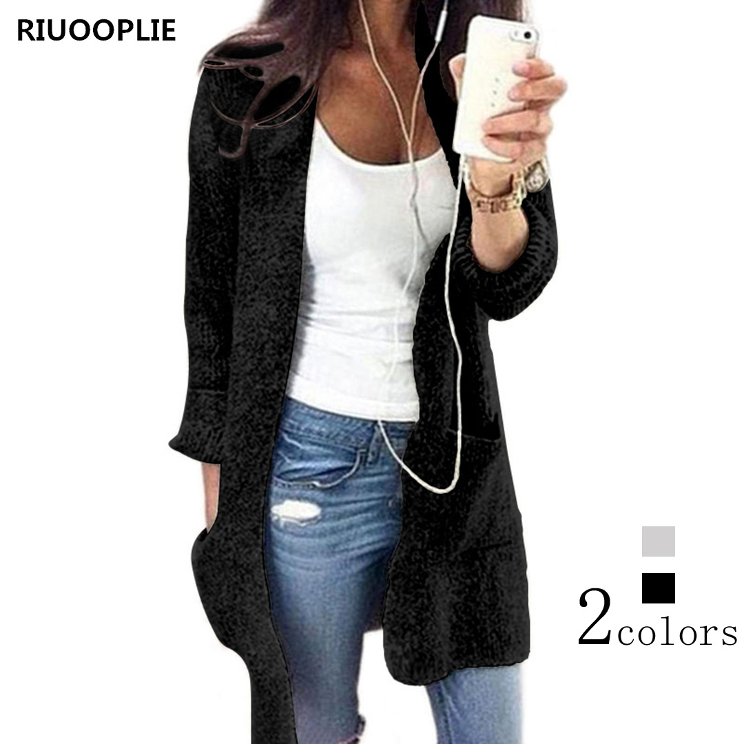 

RIUOOPLIE Women Comfortable Knitted Long Sweater Cardigan V Neck Pocket Coat Plus Size, Black