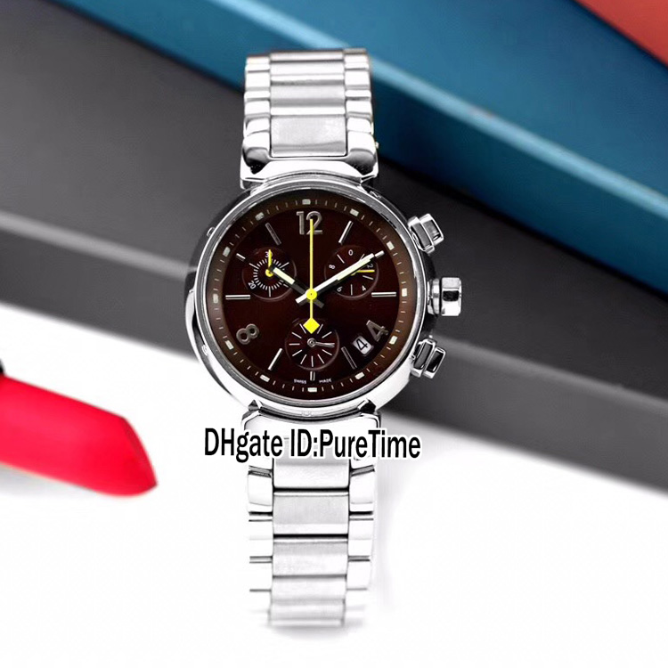 

New Q11215 Steel Case 34mm Brown Dial Yellow Hands Japan Quartz Chronograph Womens Watch Stainless Steel Bracelet Watches Puretime F06c3, Customized waterproof service